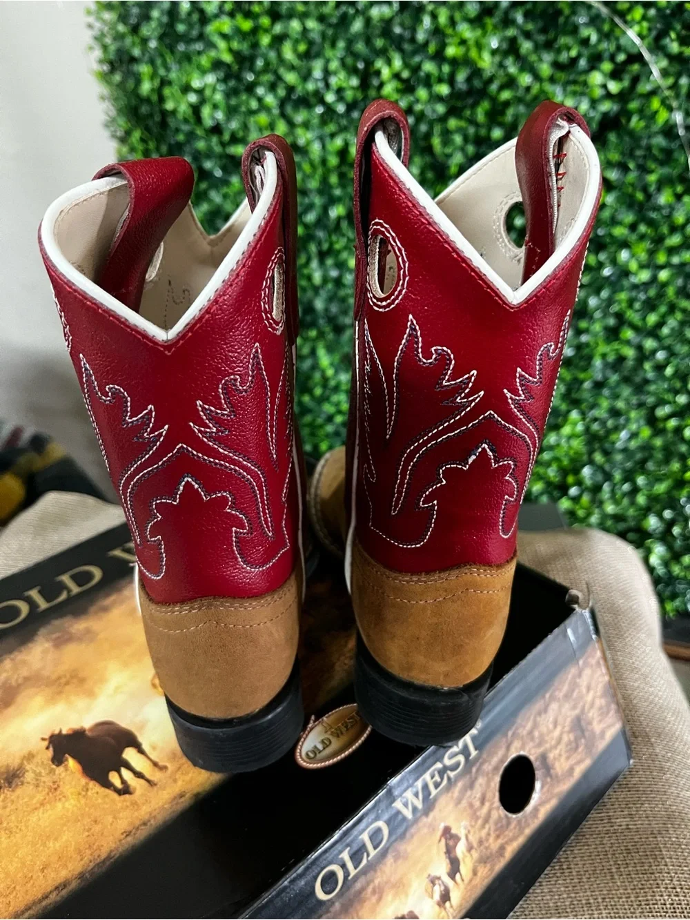 Old West Kids Tan and Red Western Pull-On Boots